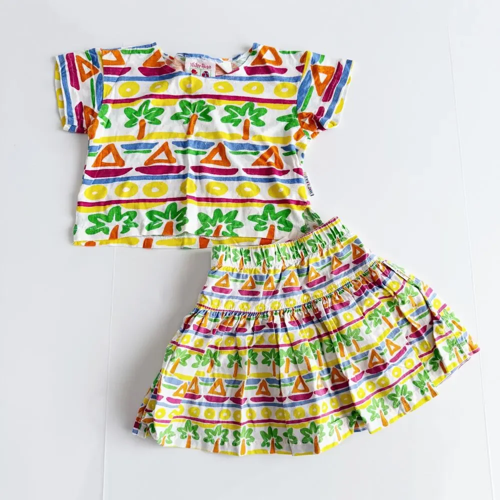 [Vintage] 80s Tropical Pop Art Geometric Matching Set Shirt Skirt Girls Size 4-5